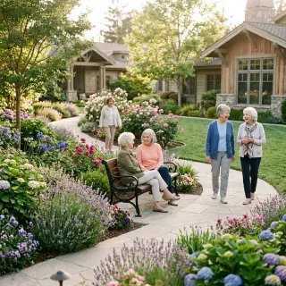 Beautifully landscaped garden at a senior living community